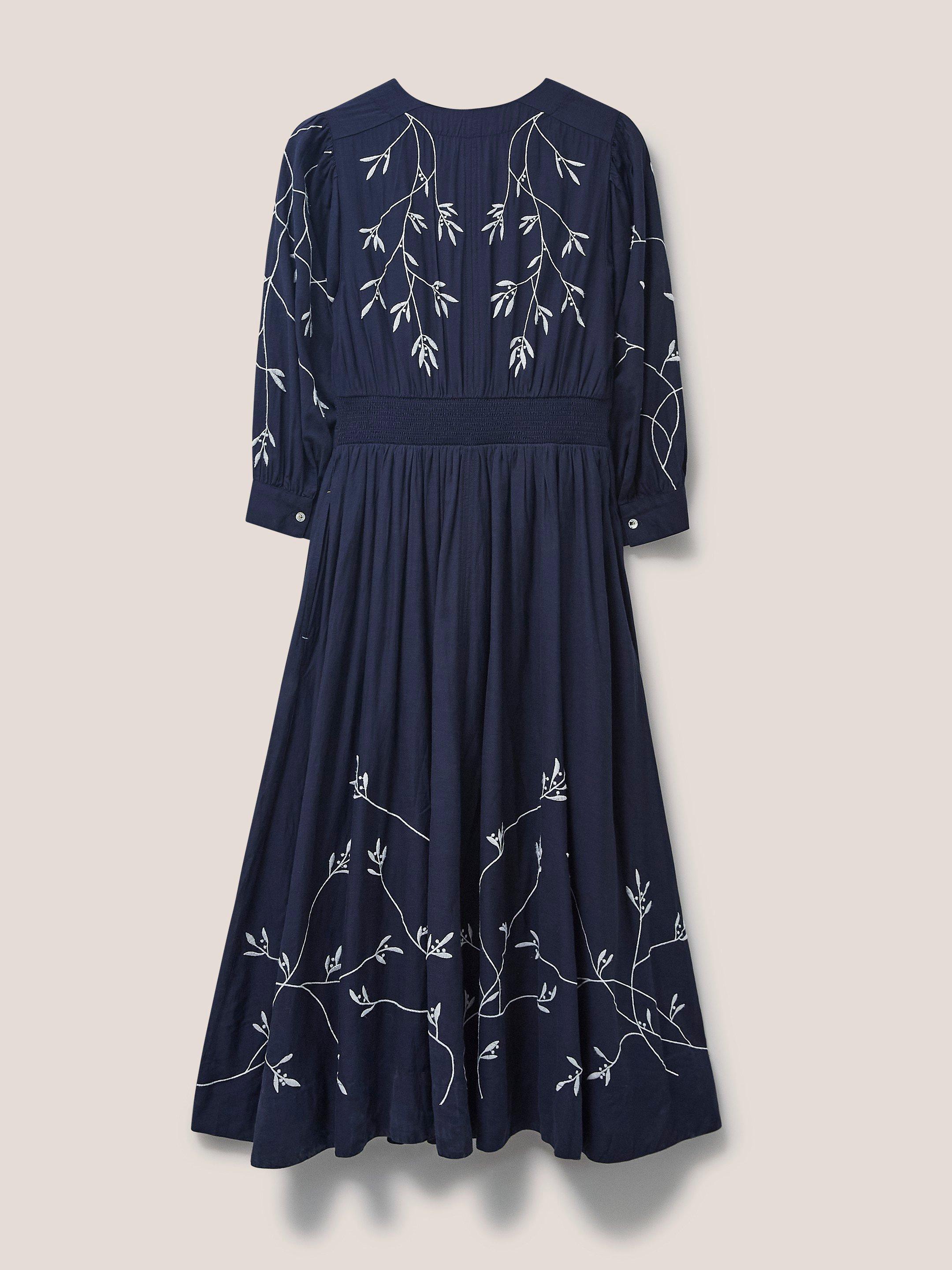 Paula Embroidered Midi Dress in NAVY MULTI - FLAT BACK
