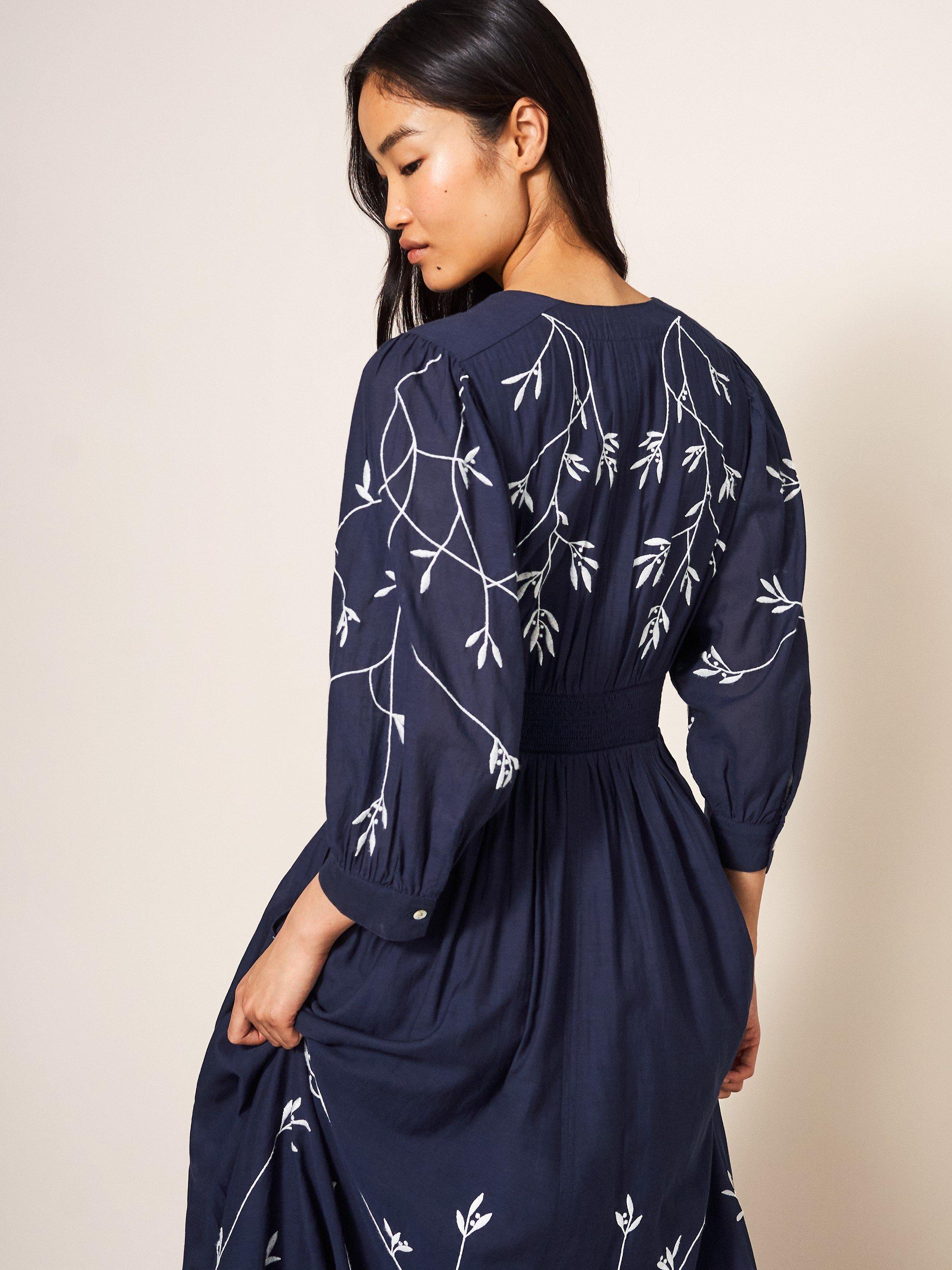 Paula Embroidered Midi Dress in NAVY MULTI - MODEL FRONT
