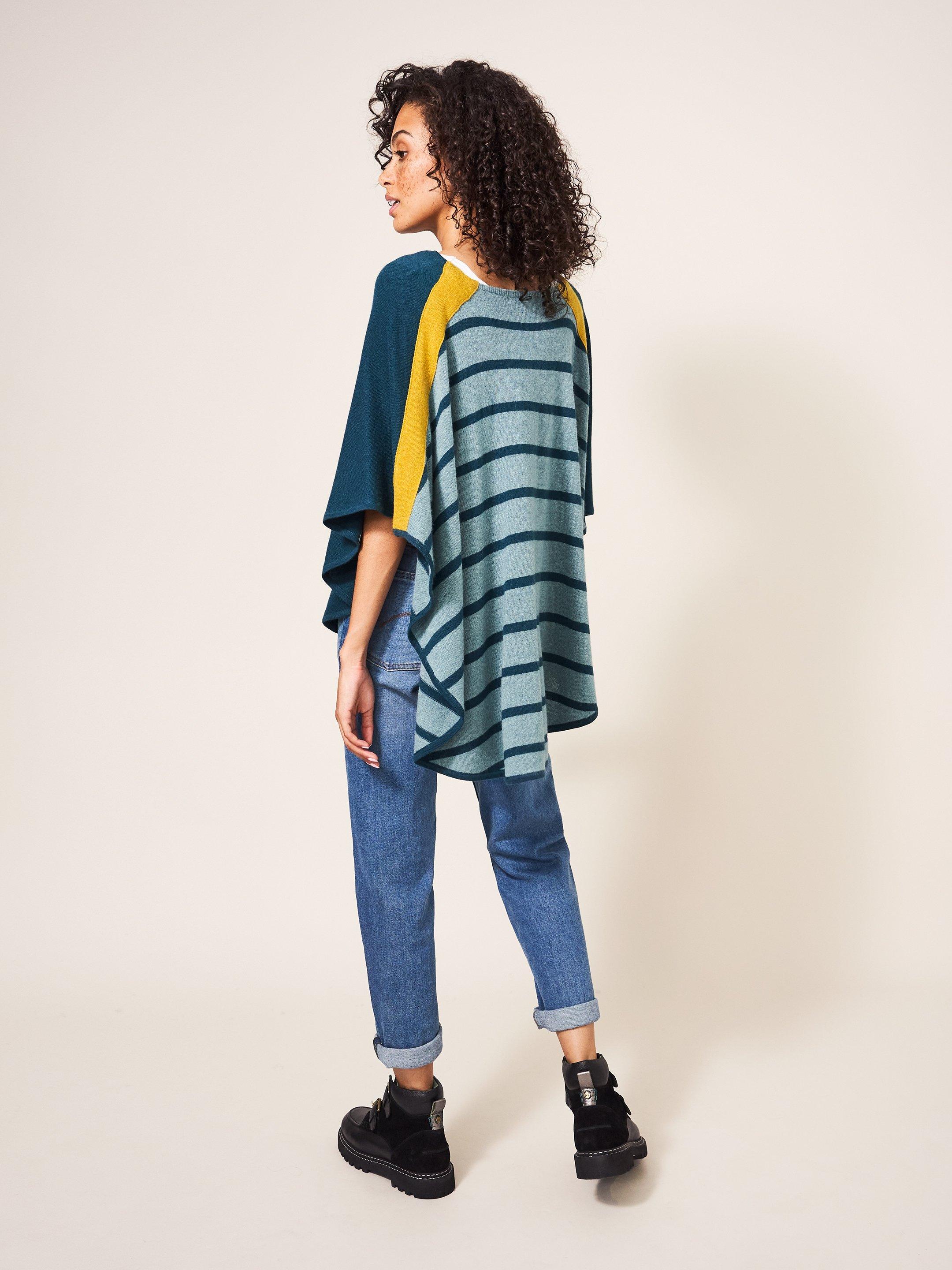 Pippa Knit Poncho in BLUE MLT - MODEL BACK