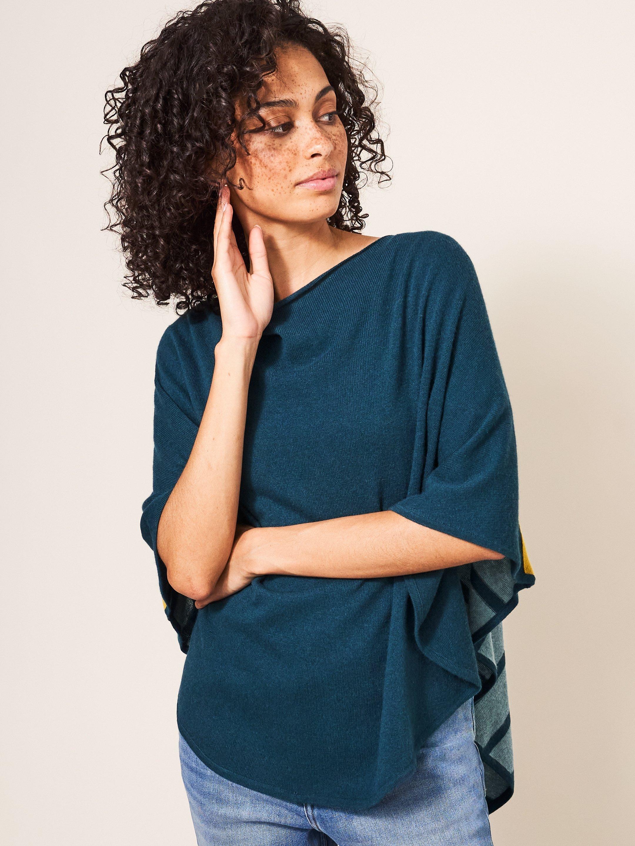 Pippa Knit Poncho in BLUE MLT - MODEL DETAIL