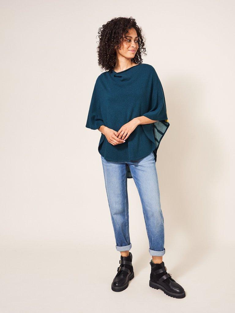 Pippa Knit Poncho in BLUE MLT - MODEL FRONT