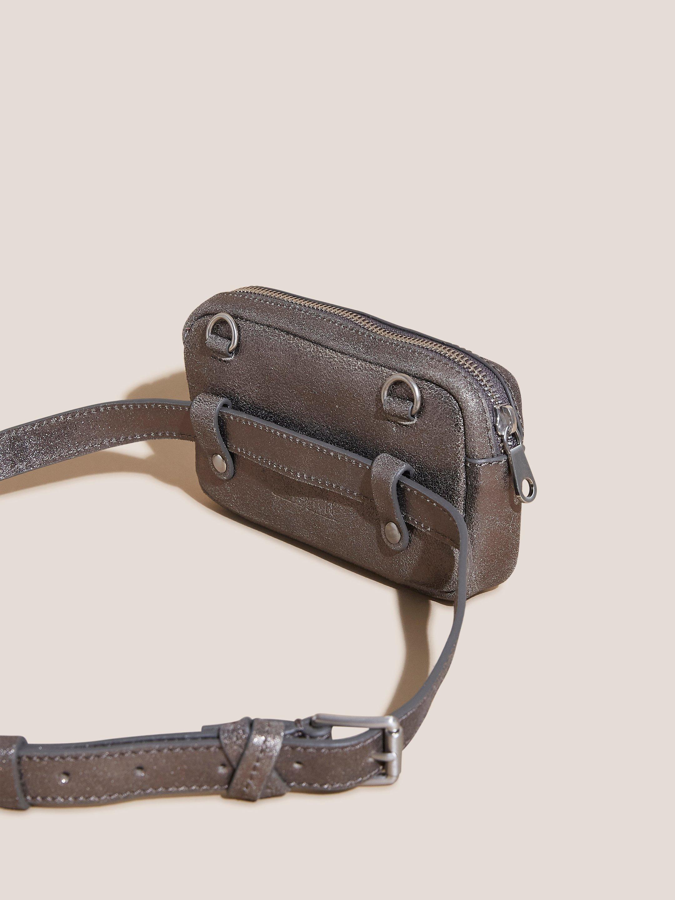 Fern Leather Phone Bag in PEWTER MET - FLAT BACK