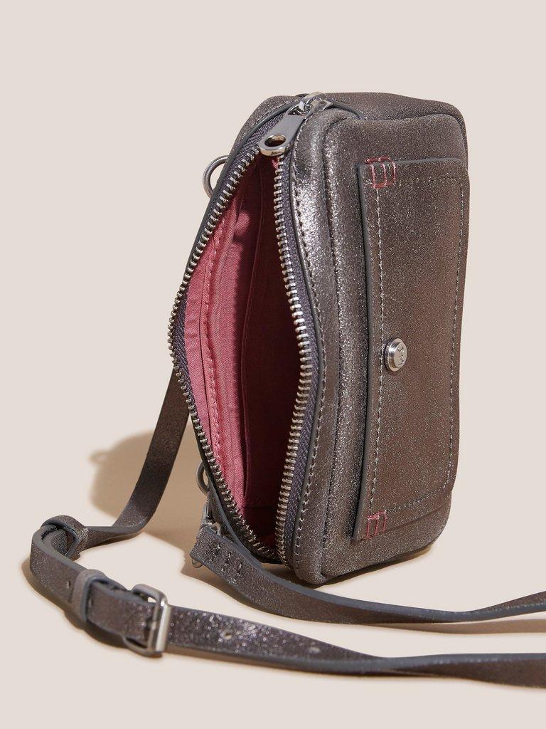 Fern Leather Phone Bag in PEWTER MET - FLAT DETAIL