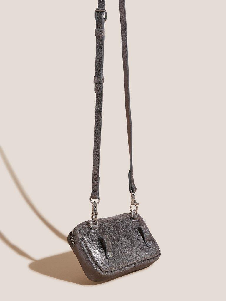 Fern Leather Phone Bag in PEWTER MET - FLAT FRONT