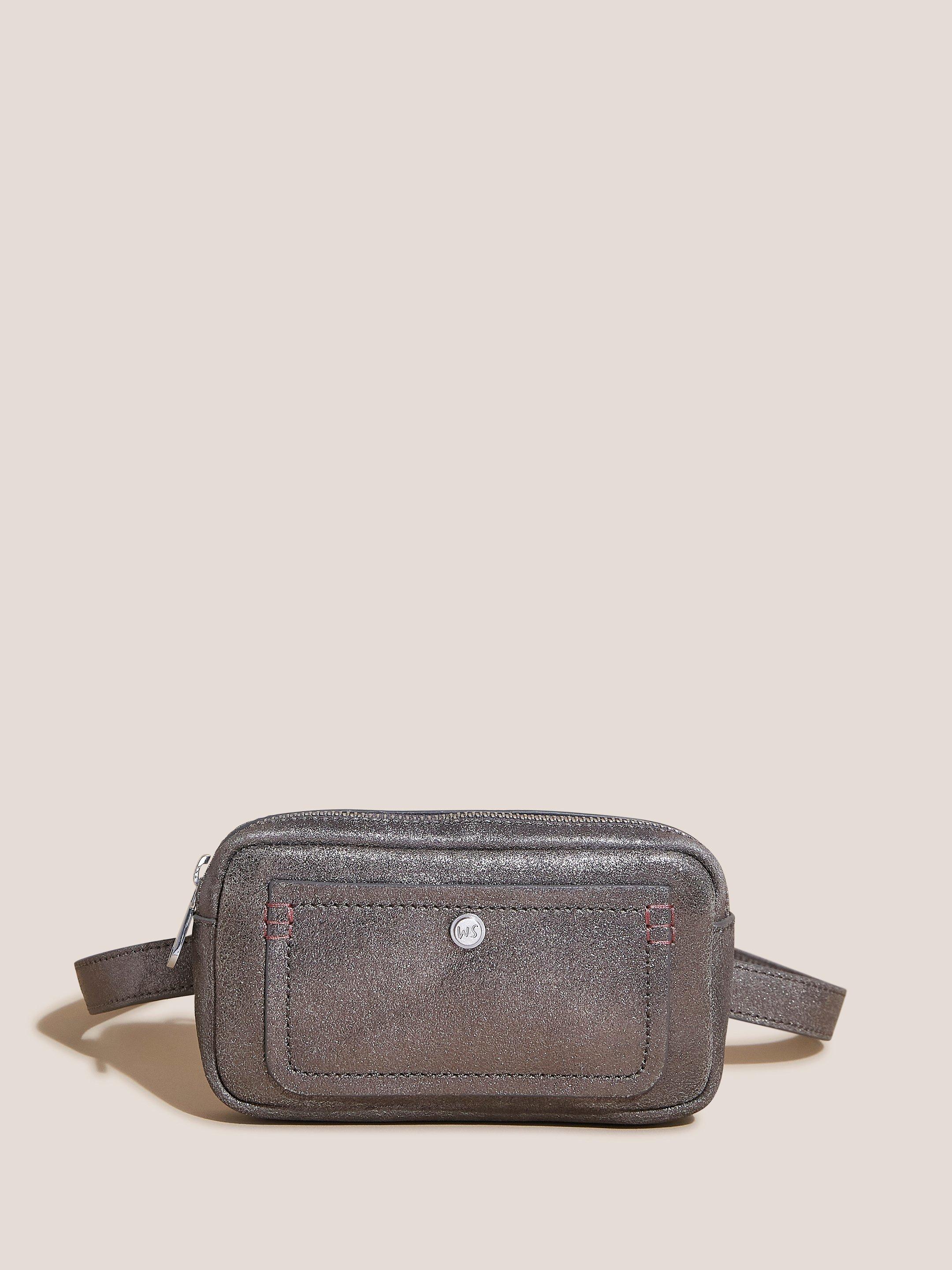Fern Leather Phone Bag in PEWTER MET - MODEL FRONT