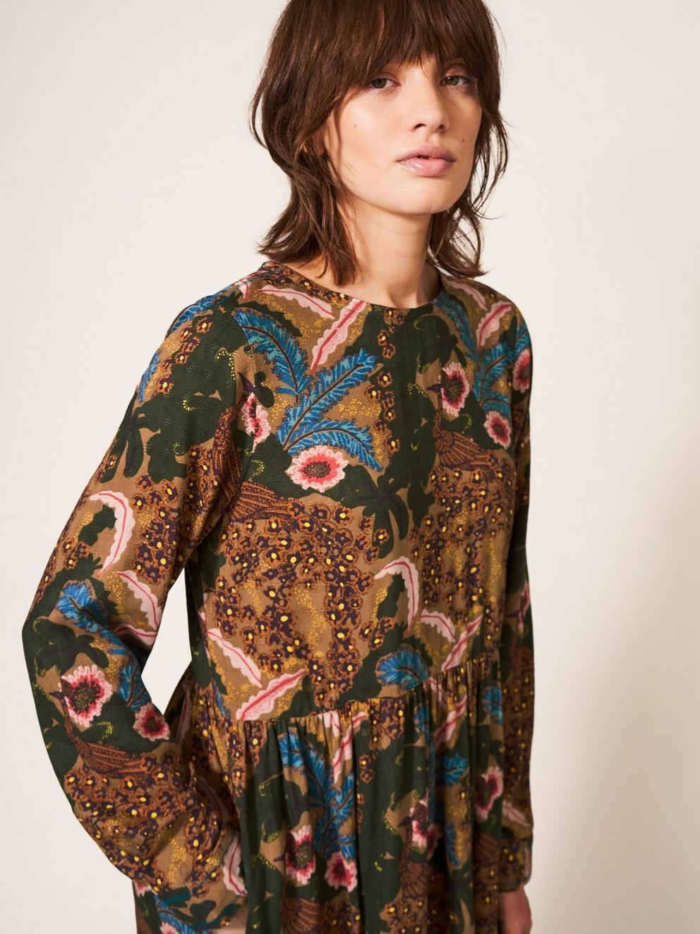 Elisa Midi Dress in GREEN MLT - MODEL FRONT