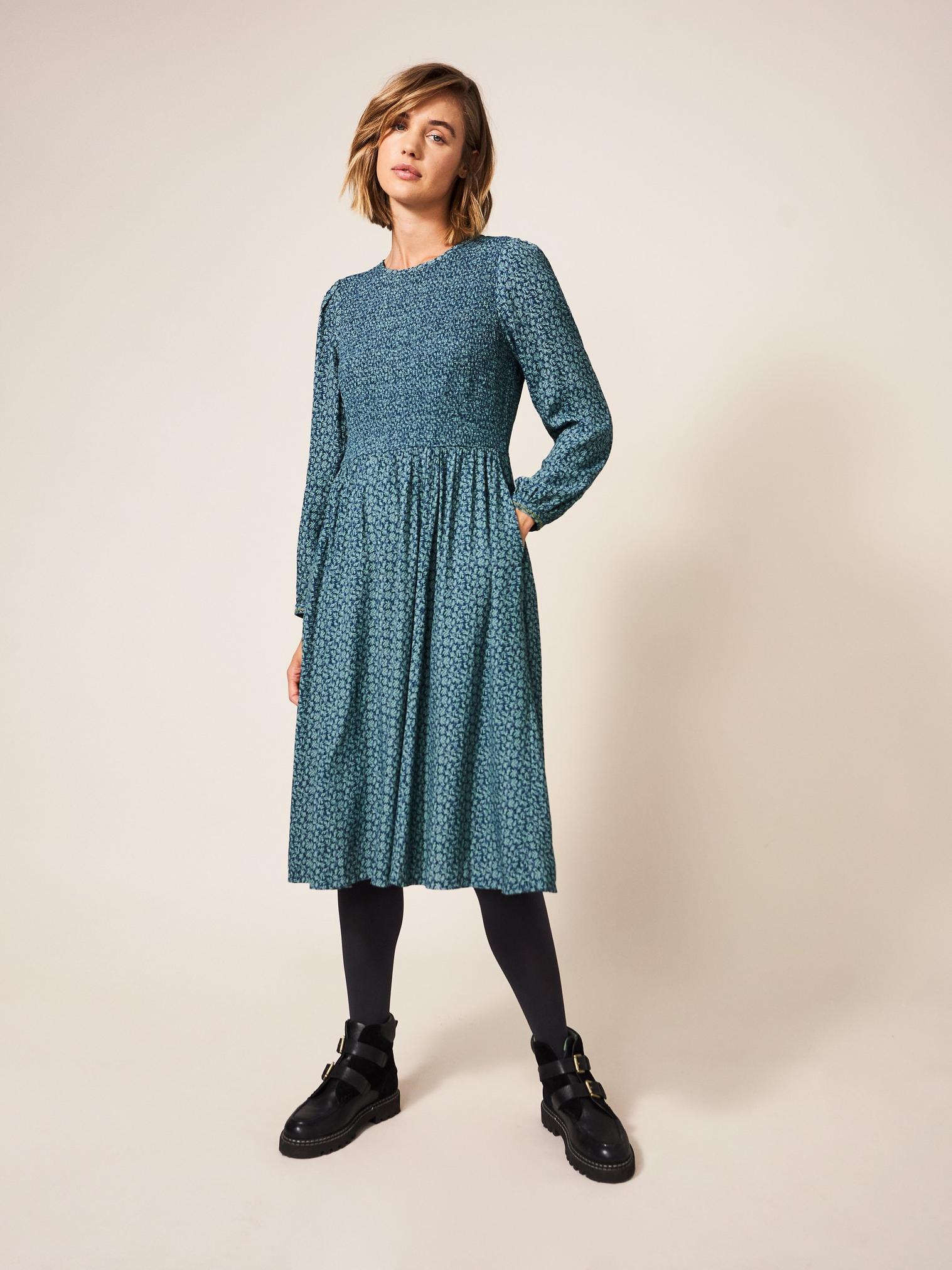 Aneth Shirred Dress in TEAL MLT - LIFESTYLE