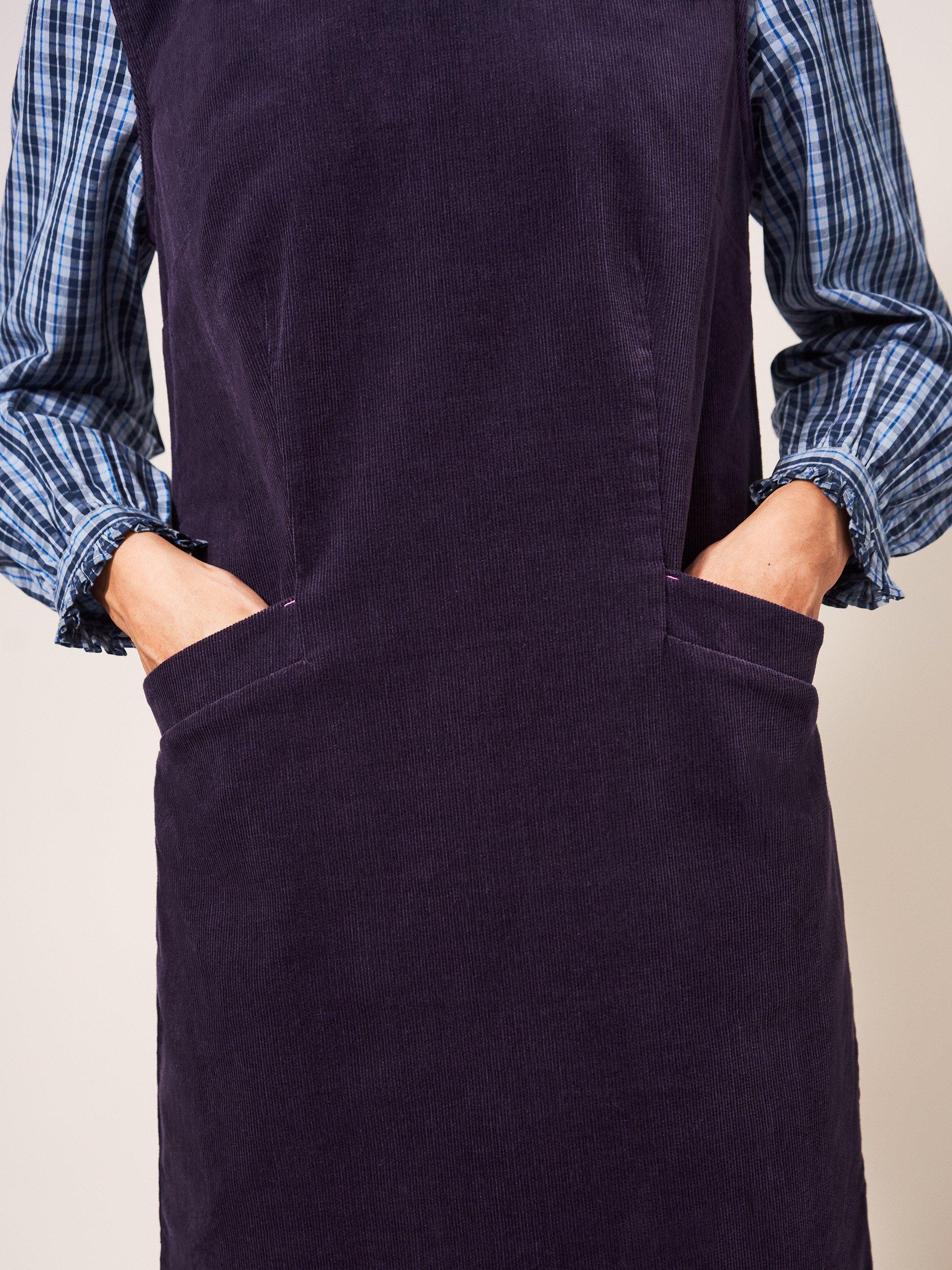 Lothbury Organic Cord Pinny in DK PURPLE - MODEL DETAIL