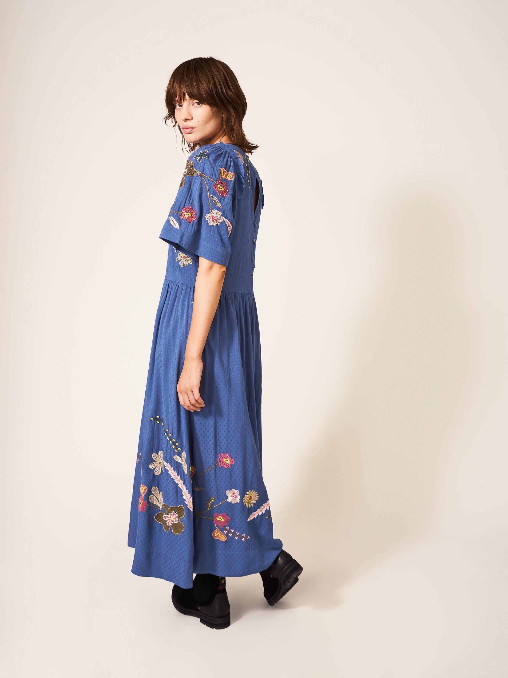 Pippa Embroidered Midi Dress in BLUE MLT - MODEL BACK