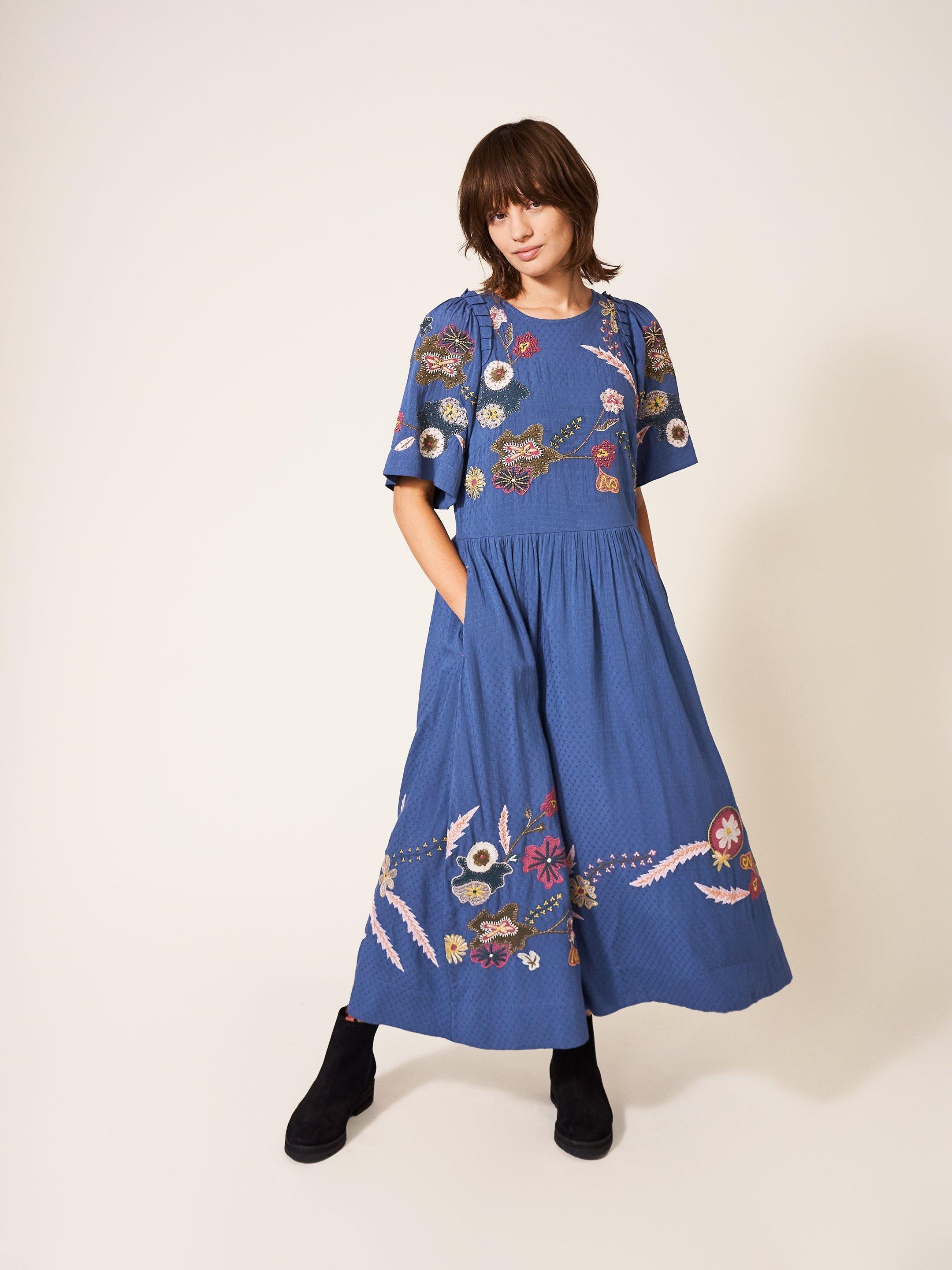 Pippa Embroidered Midi Dress in BLUE MLT - MODEL FRONT