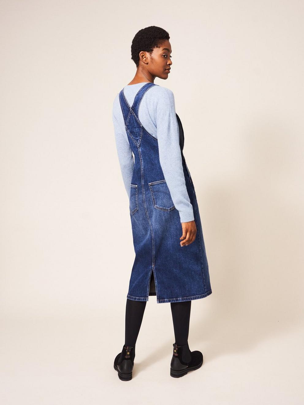 Emmie Denim Midi Pinafore in MID DENIM - MODEL DETAIL