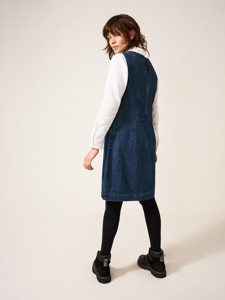 white stuff denim pinafore dress Lothbury Organic Denim Pinafore in MID DENIM