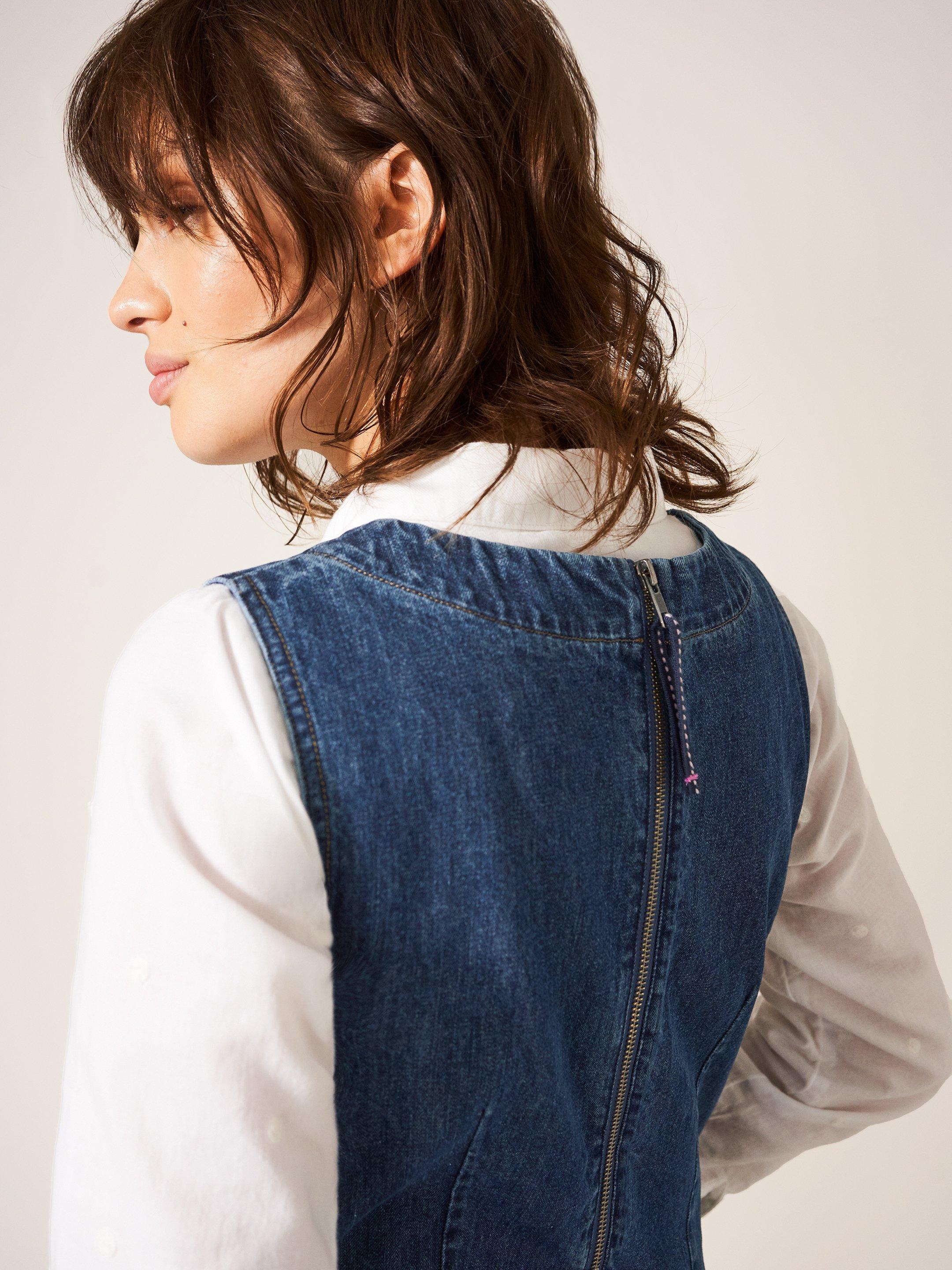 Lothbury Organic Denim Pinafore in MID DENIM - MODEL DETAIL