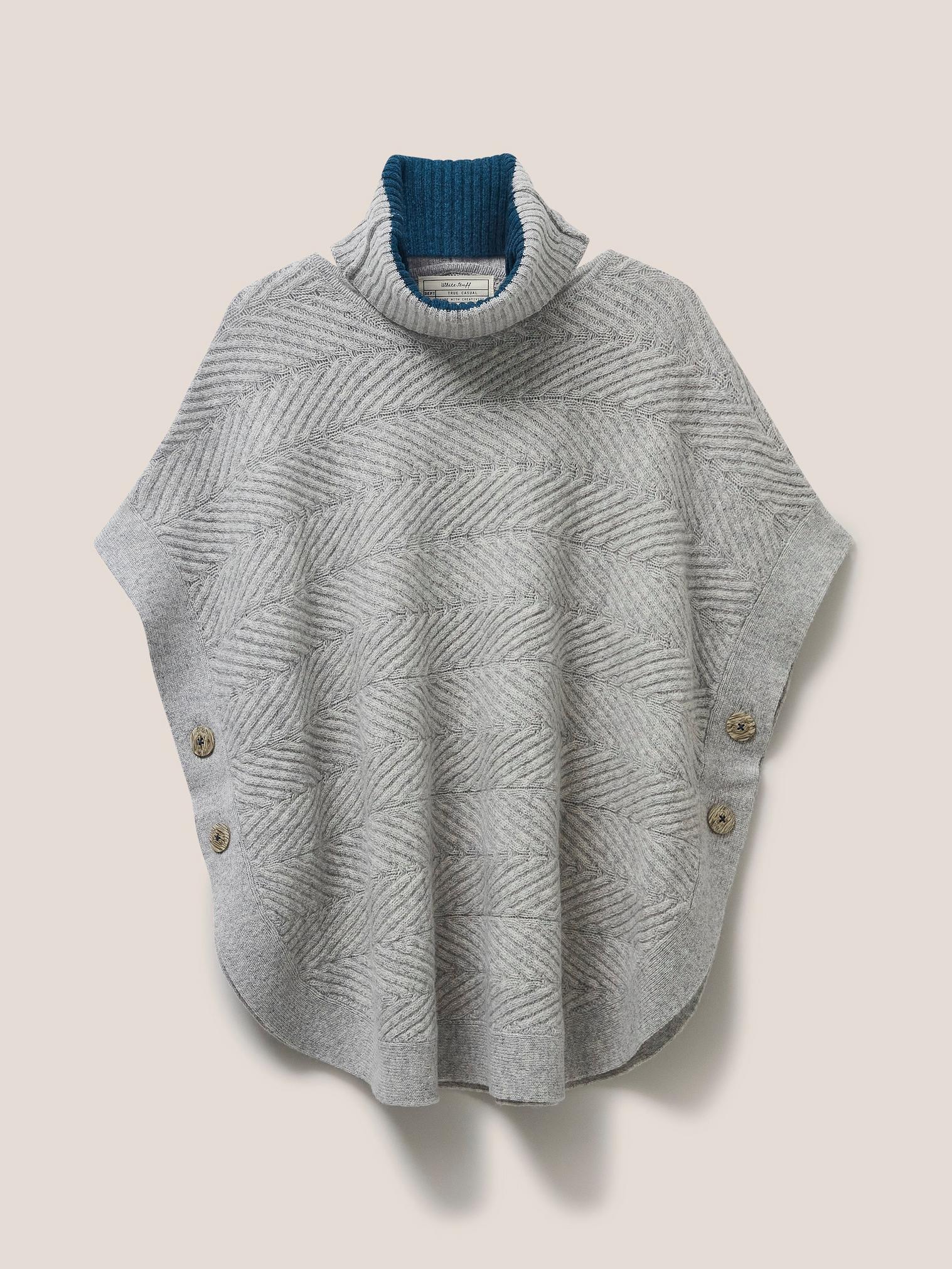 Fern Knitted Poncho in MID GREY - FLAT FRONT