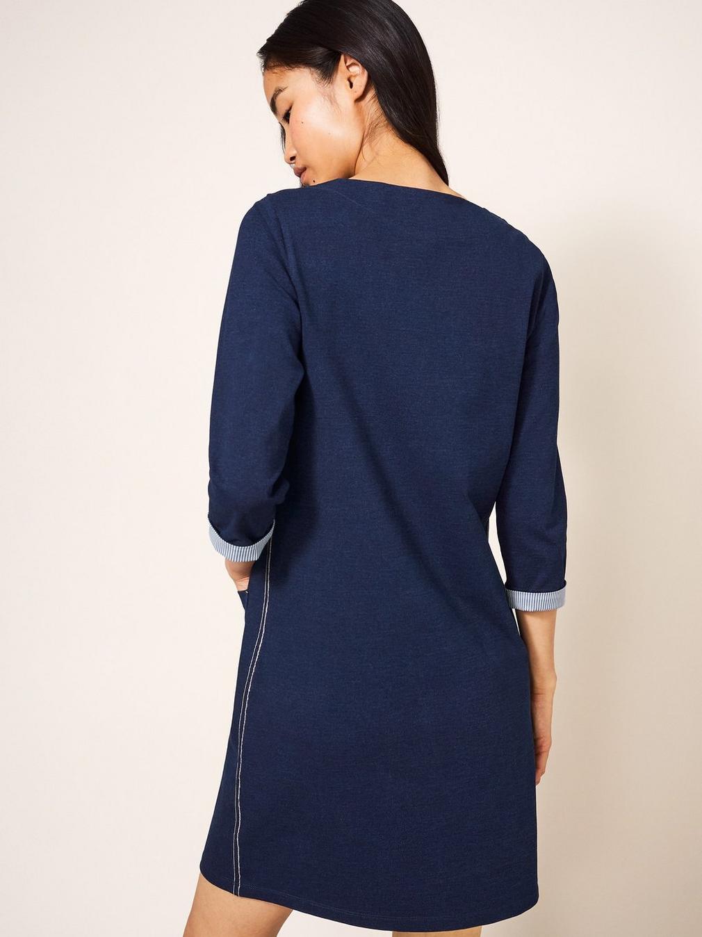 Skye Cotton Denim Jersey Dress in DK DENIM - MODEL BACK