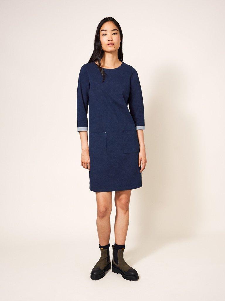 Skye Cotton Denim Jersey Dress in DK DENIM - MODEL FRONT