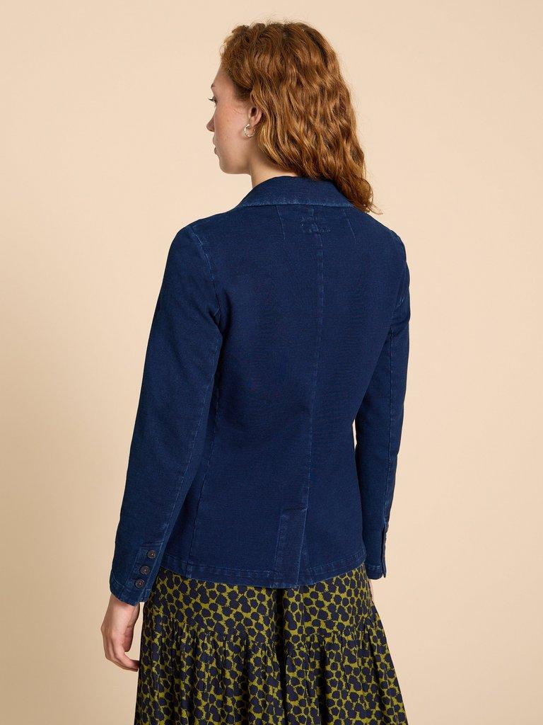 Olivia Cotton Jersey Blazer in DK DENIM - MODEL BACK