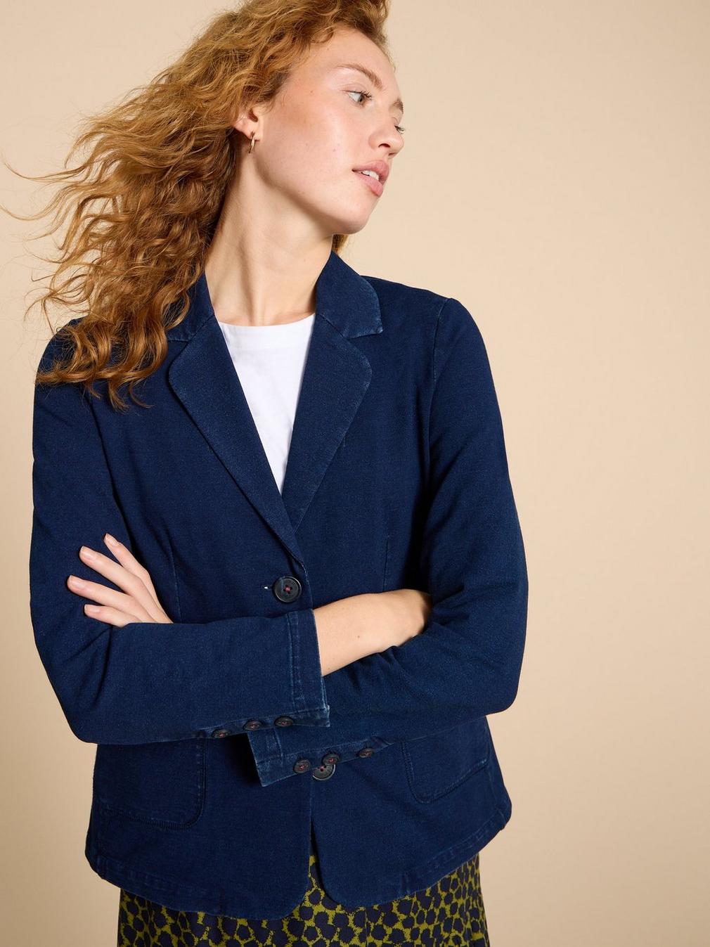 Olivia Cotton Jersey Blazer in DK DENIM - MODEL DETAIL