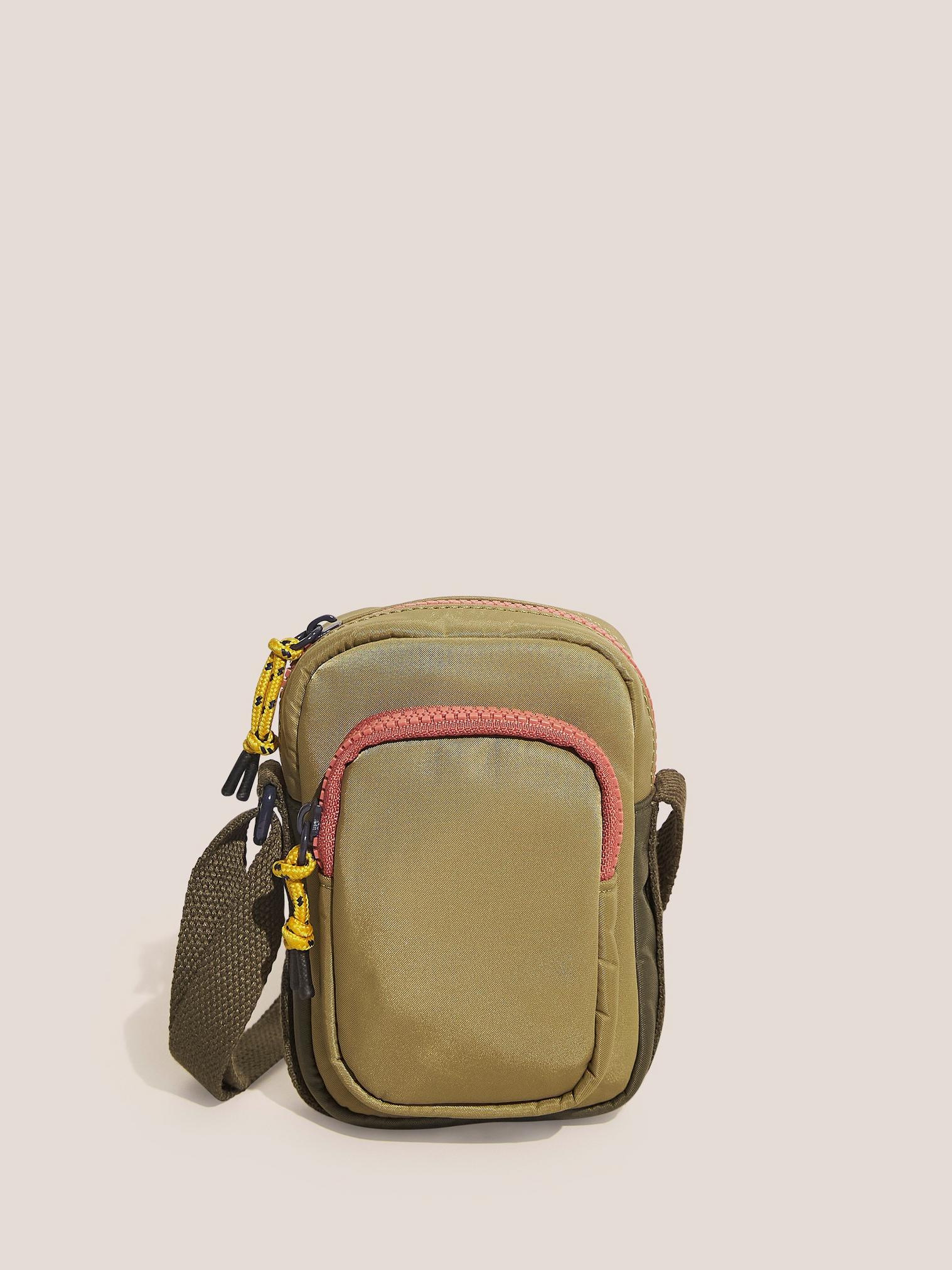 Wanda Nylon Phone Bag in KHAKI GRN - MODEL FRONT