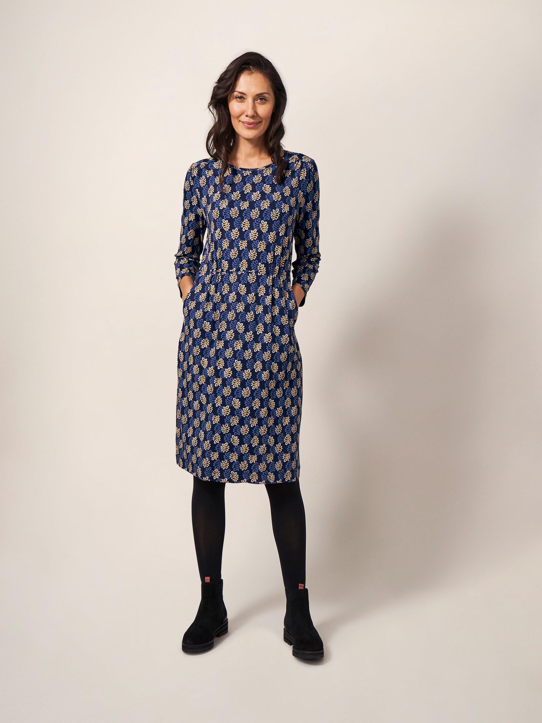 Talia Eco Vero Jersey Dress in NAVY MULTI - MODEL FRONT