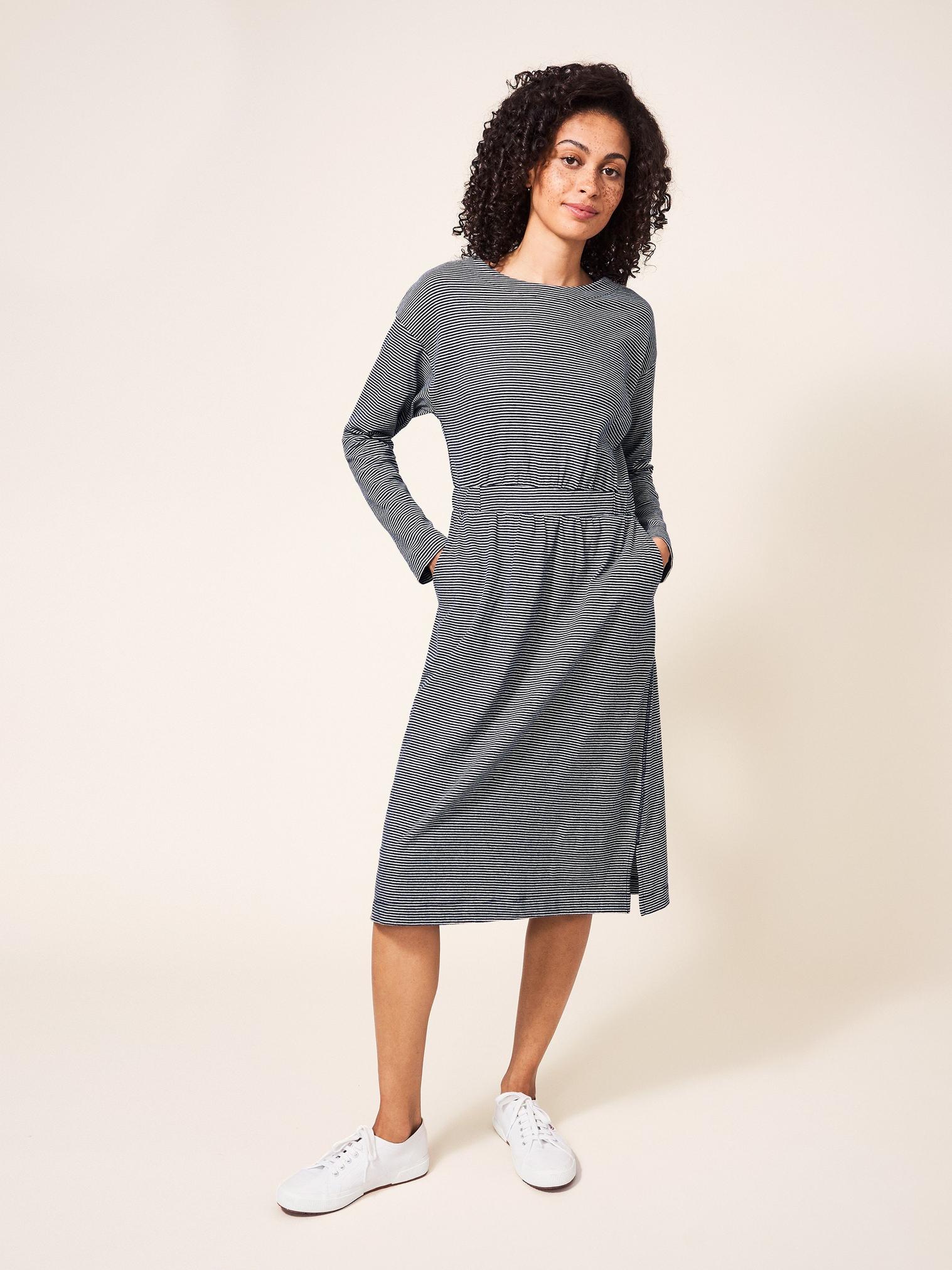 Evie Striped Jersey Dress in NAVY MULTI - LIFESTYLE