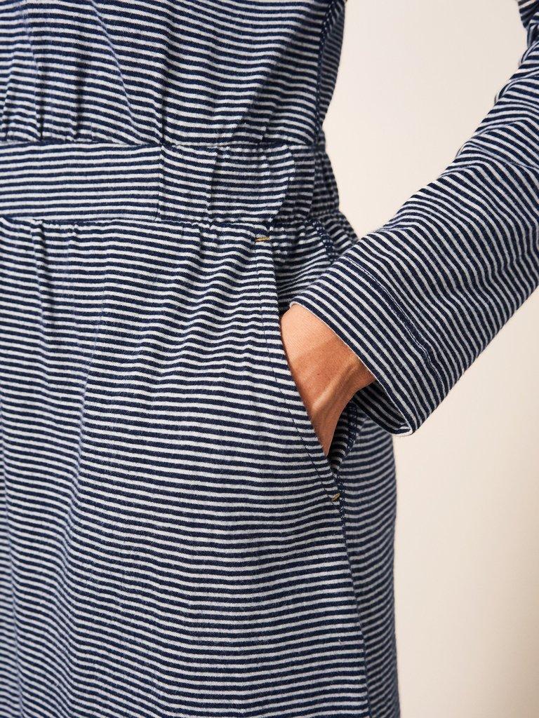 Evie Striped Jersey Dress in NAVY MULTI - MODEL FRONT