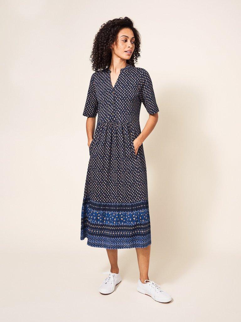 Naya Organic Cotton Blend  Jersey Dress in NAVY MULTI - MODEL FRONT