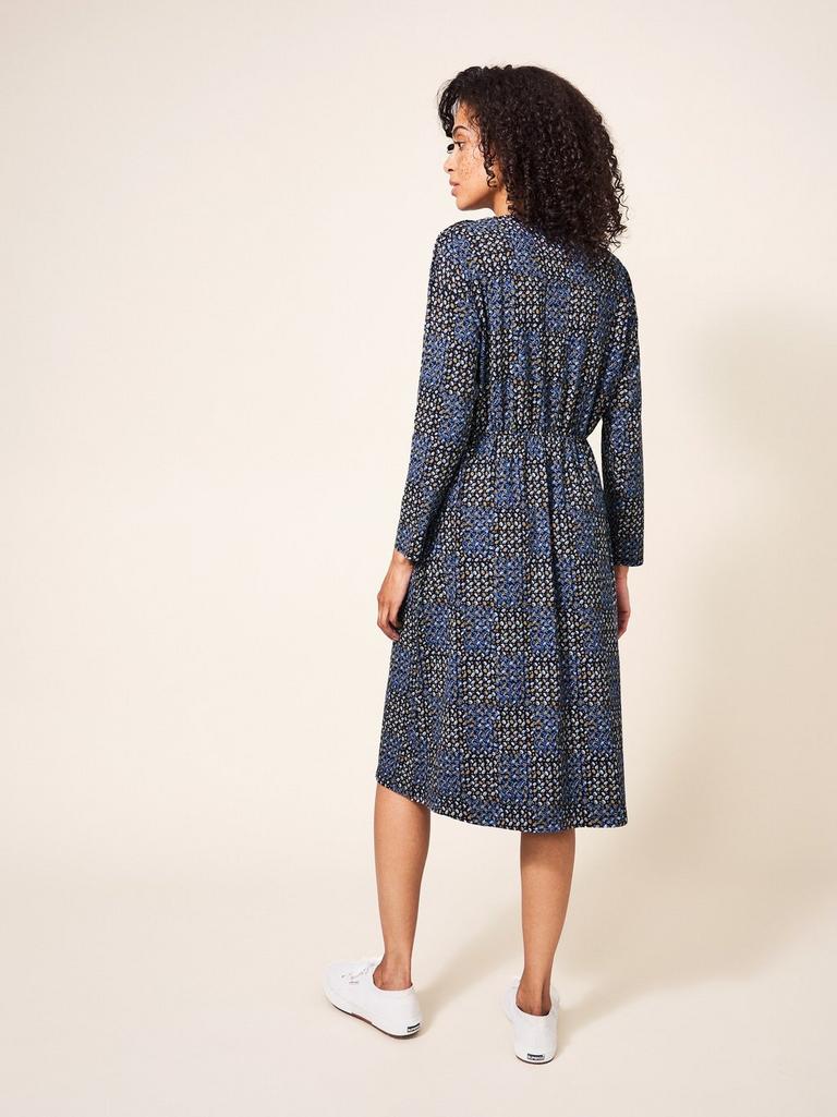 Poppy Jersey Dress in NAVY MULTI - MODEL BACK