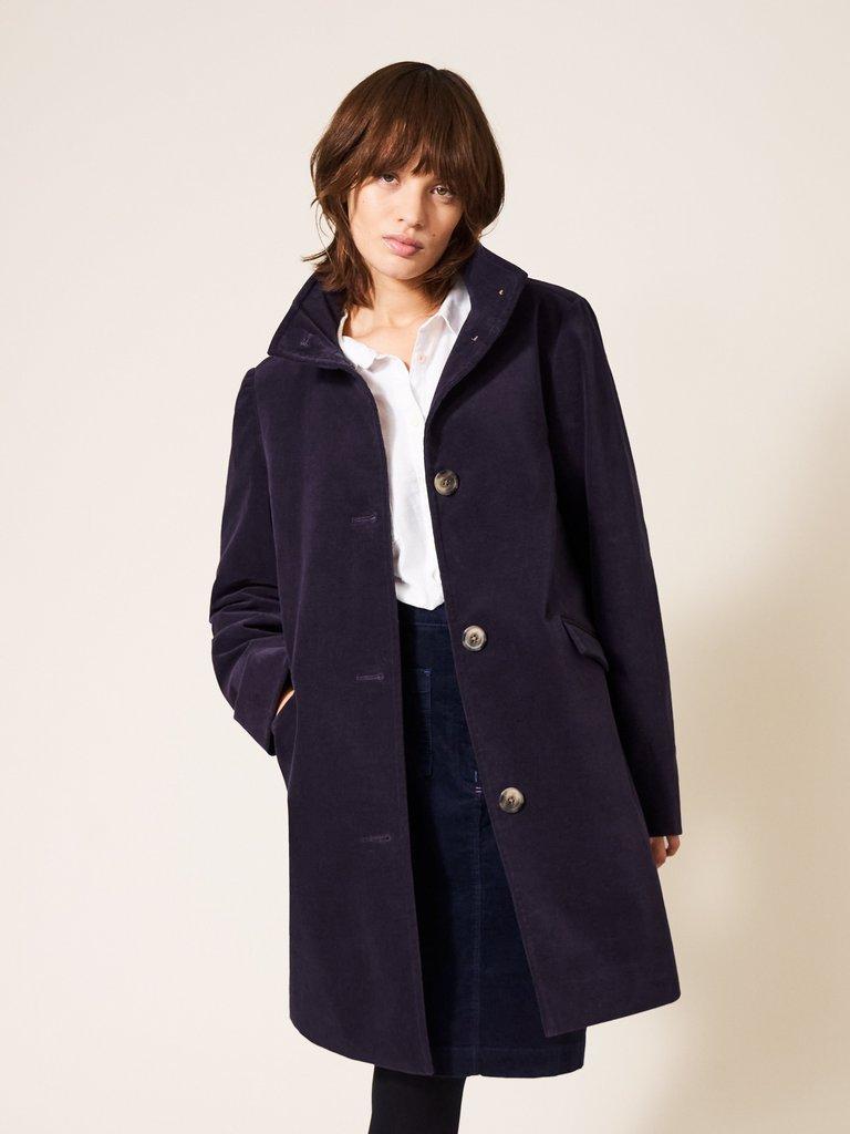 Karla Velvet Coat in DK PURPLE - MODEL FRONT