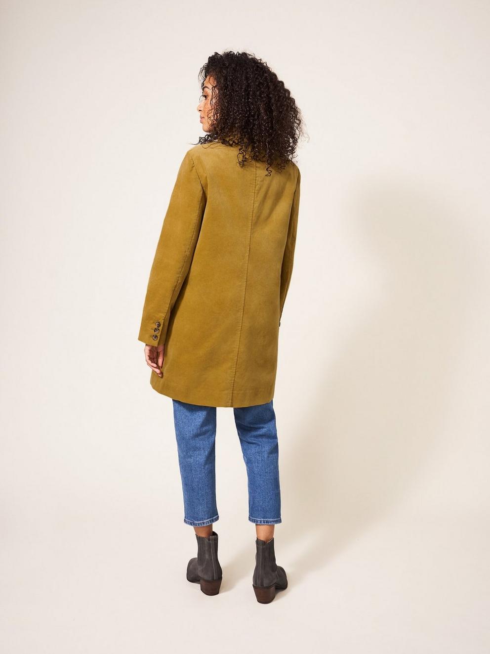 Karla Velvet Long Sleeve Coat in MID CHART - MODEL BACK