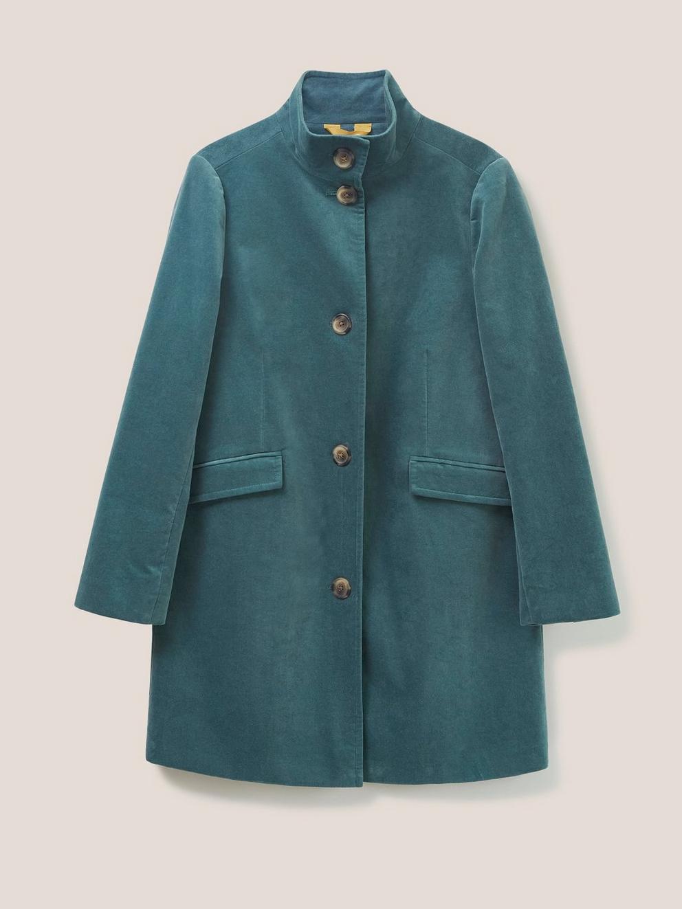 Karla Velvet Long Sleeve Coat in MID TEAL - FLAT FRONT