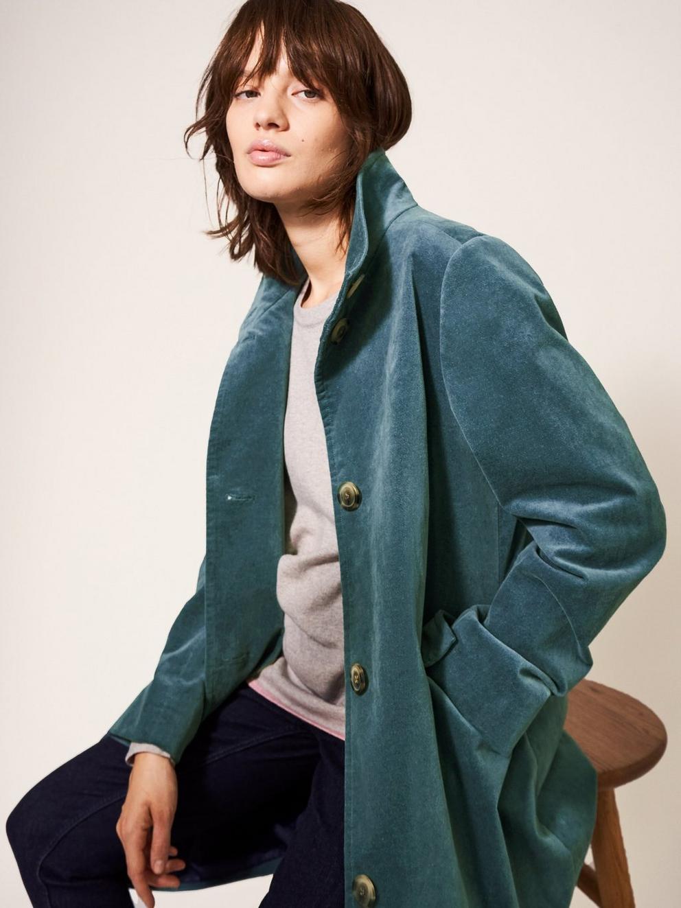 Karla Velvet Long Sleeve Coat in MID TEAL - LIFESTYLE