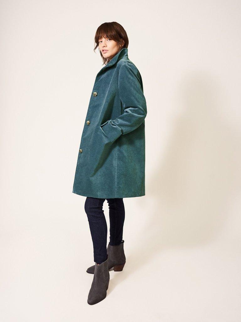 Karla Velvet Coat in MID TEAL - MODEL FRONT