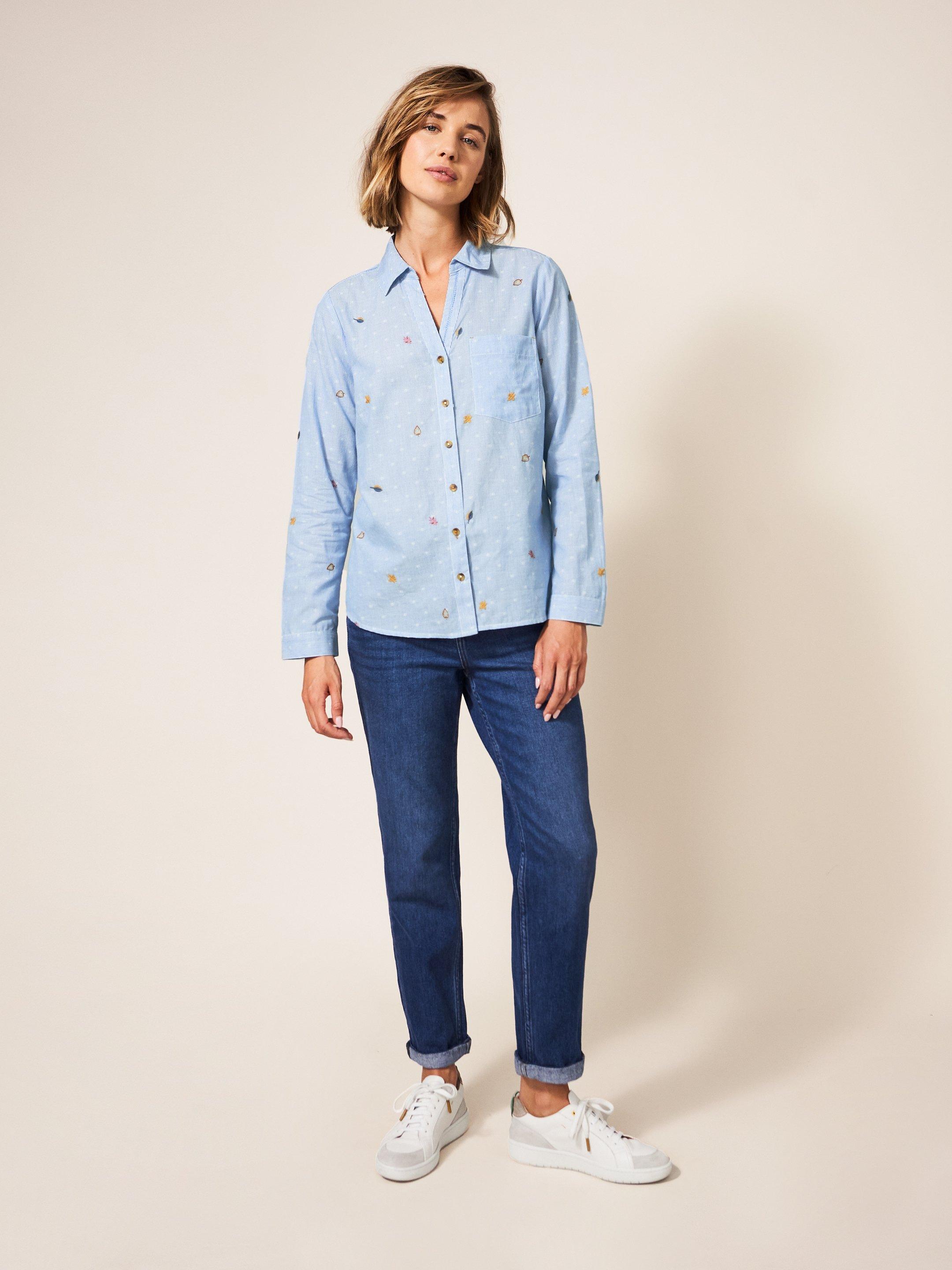 Maple Embroidered Shirt in BLUE MLT - MODEL FRONT