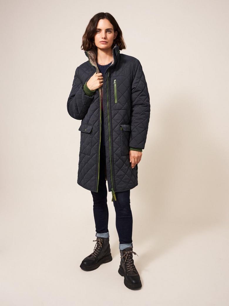 White Stuff Women's Luckie Quilted Coat Hooded Knee Length Outerwear ...