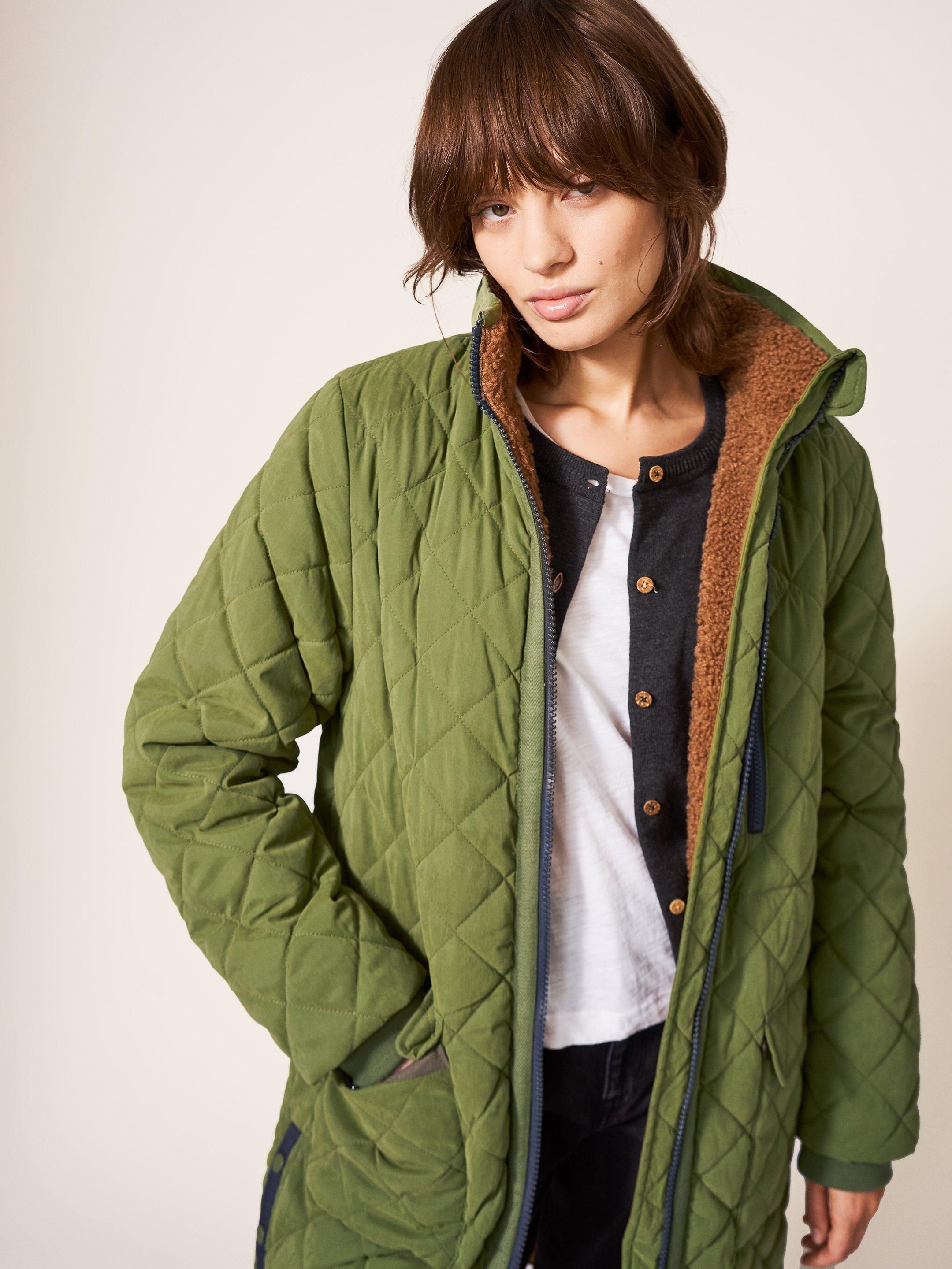 Luckie Quilted Coat in MID GREEN - MODEL BACK