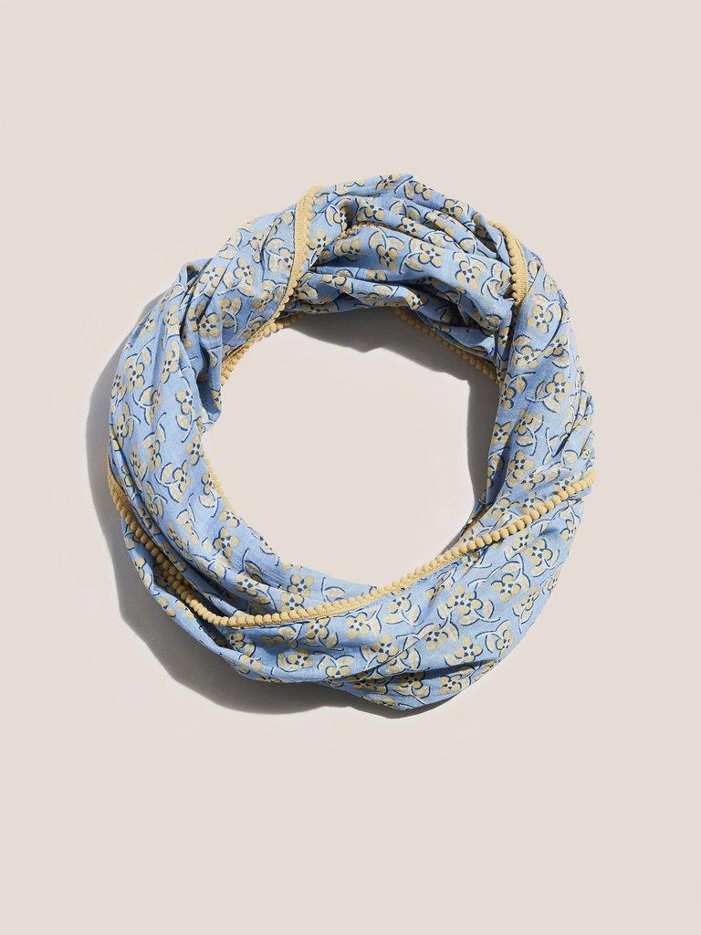 Cotton Blend Pom Snood in BLUE MLT - FLAT FRONT