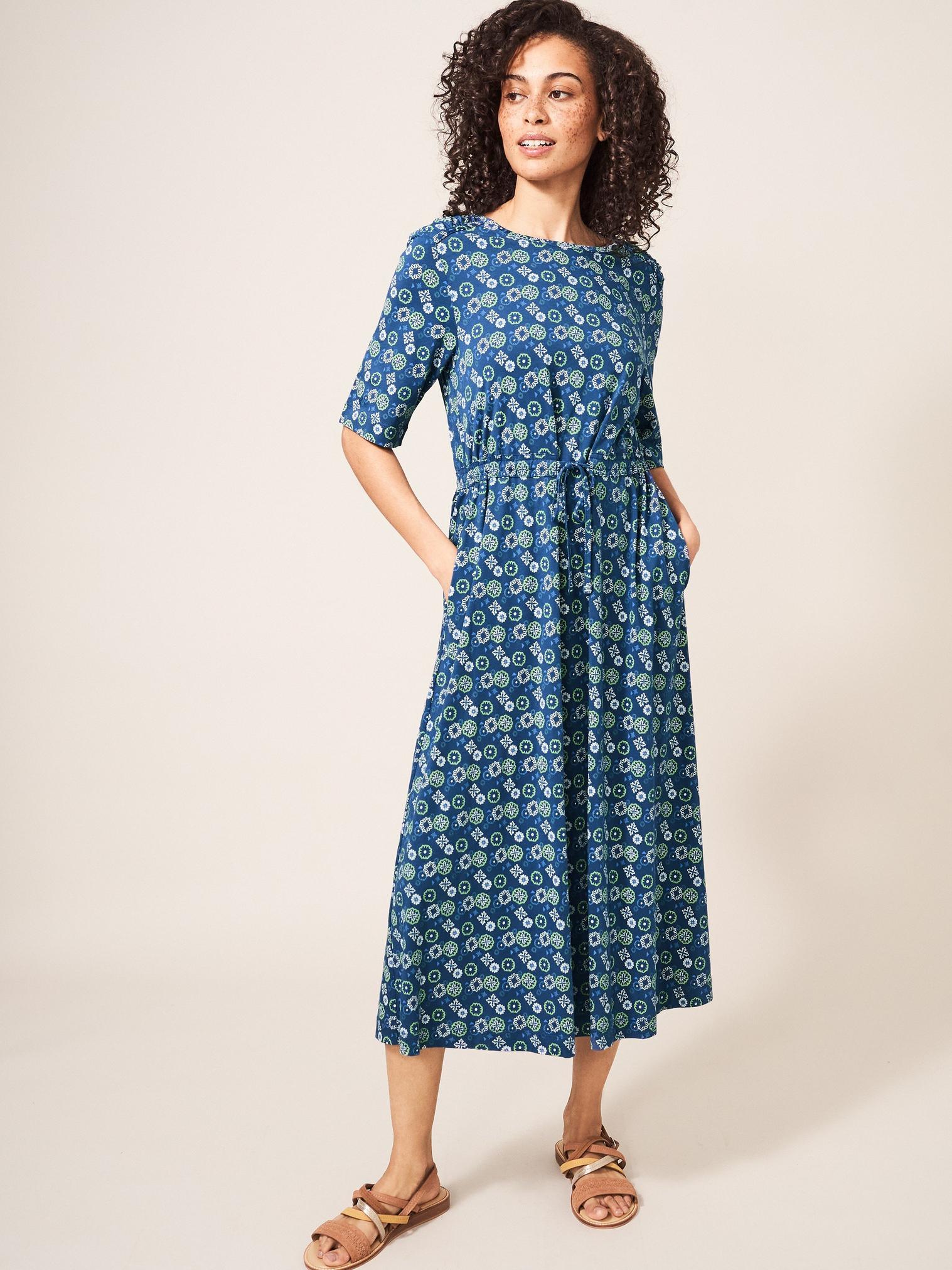 Blue patterned midi sales dress