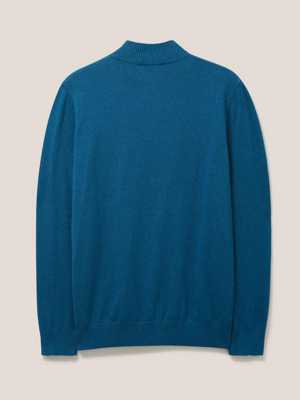 Newport Zip Through Neck Knit in MID BLUE - FLAT BACK