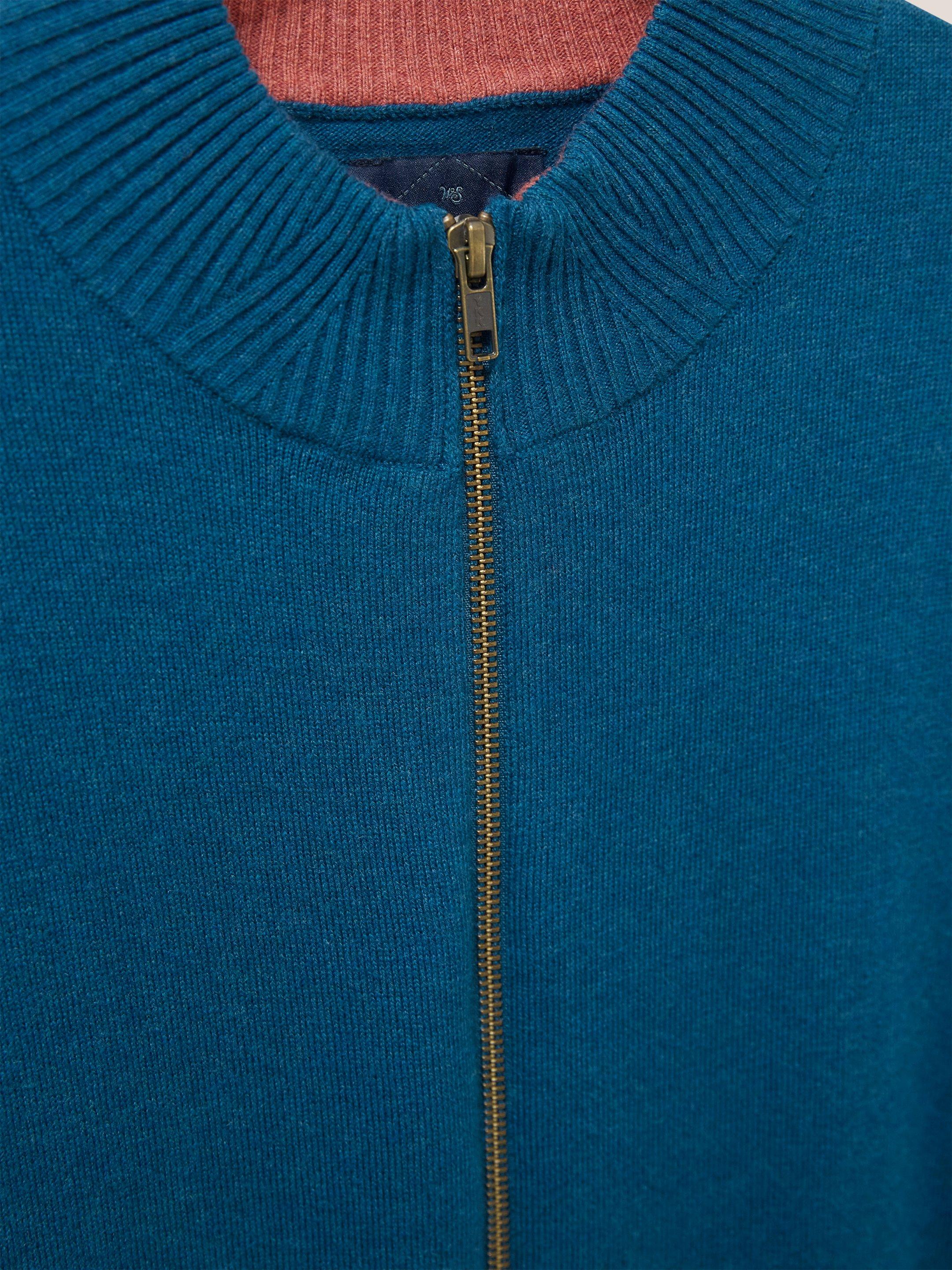 Newport Zip Through Neck Knit in MID BLUE - FLAT DETAIL