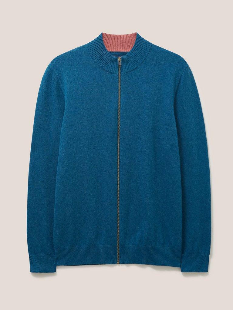 Newport Zip Through Neck Knit in MID BLUE - FLAT FRONT