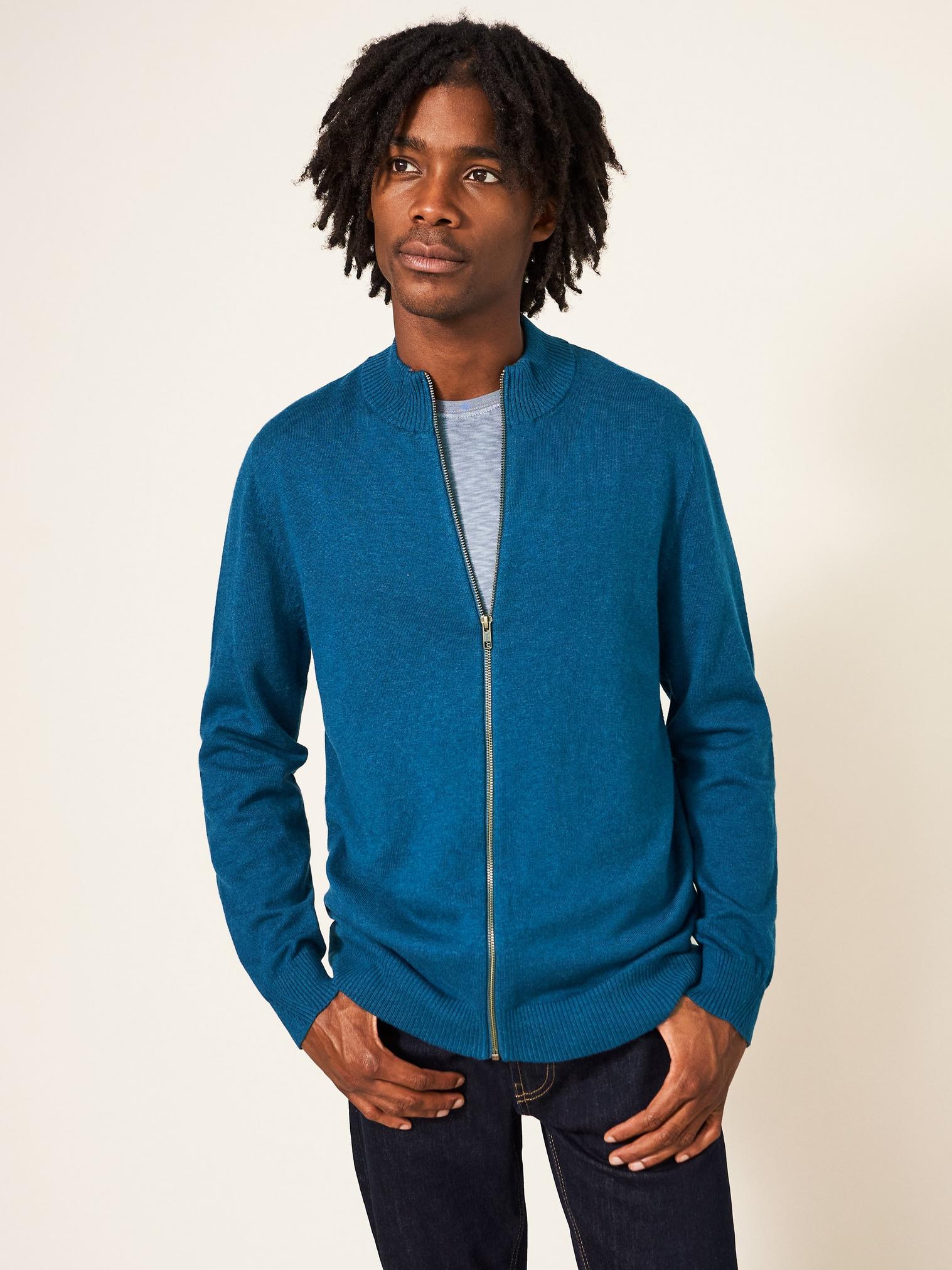 Newport Zip Through Neck Knit in MID BLUE - LIFESTYLE