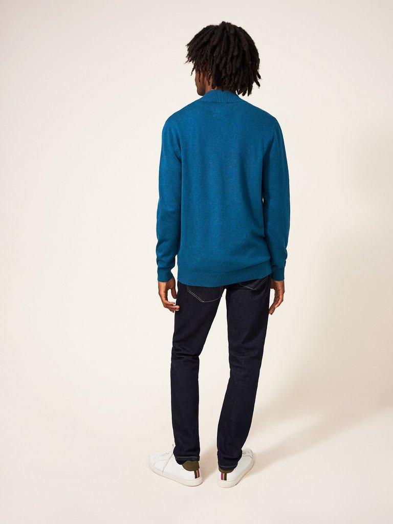 Newport Zip Through Neck Knit in MID BLUE - MODEL BACK