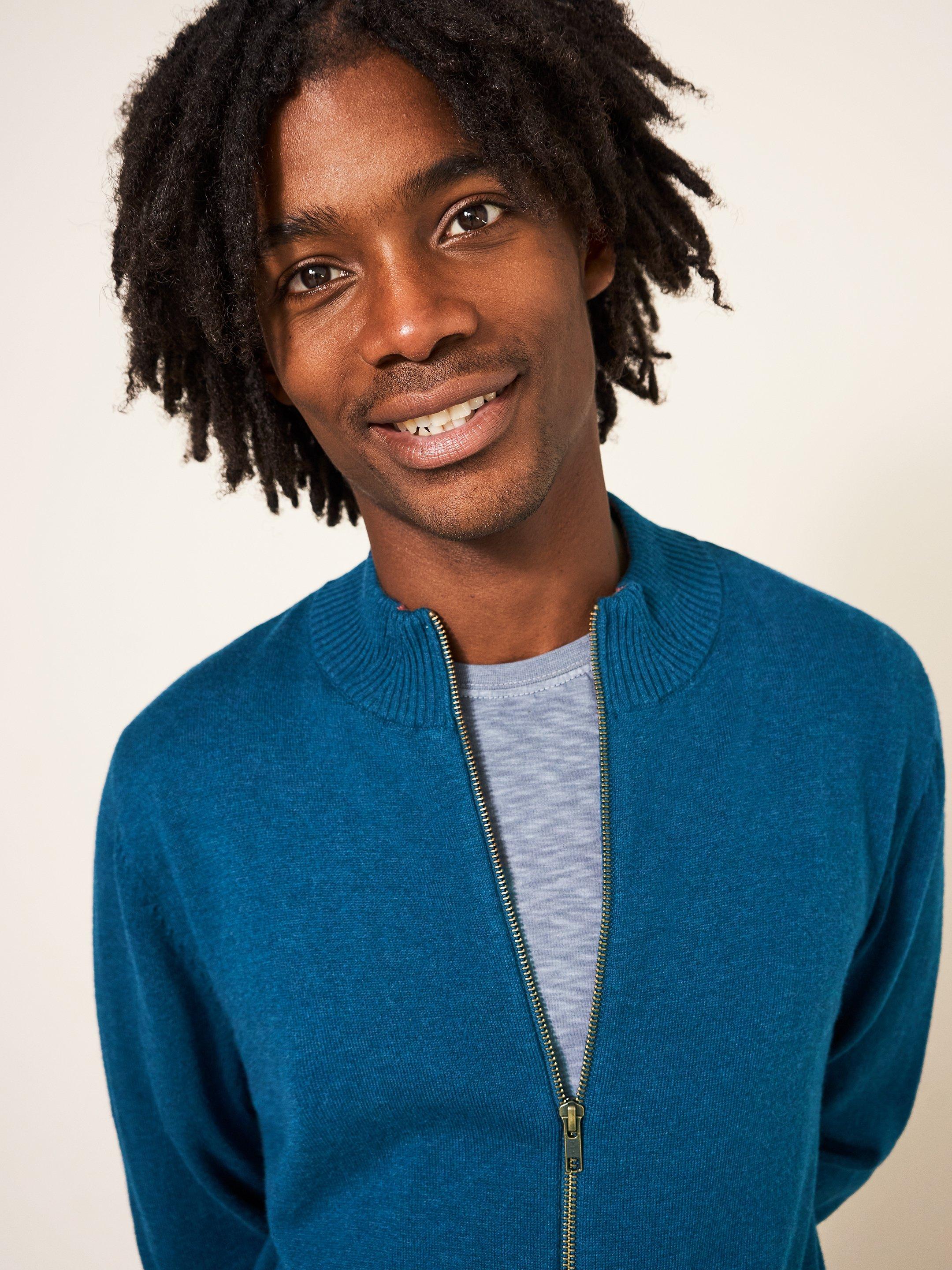 Newport Zip Through Neck Knit in MID BLUE White Stuff