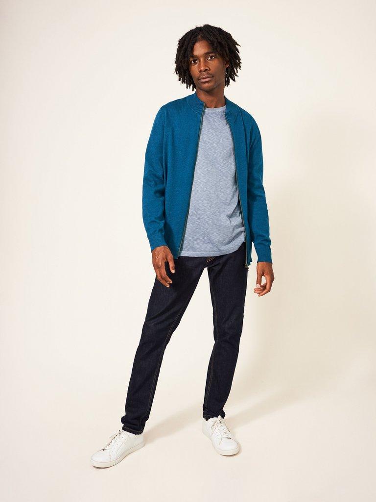 Newport Zip Through Neck Knit in MID BLUE - MODEL FRONT