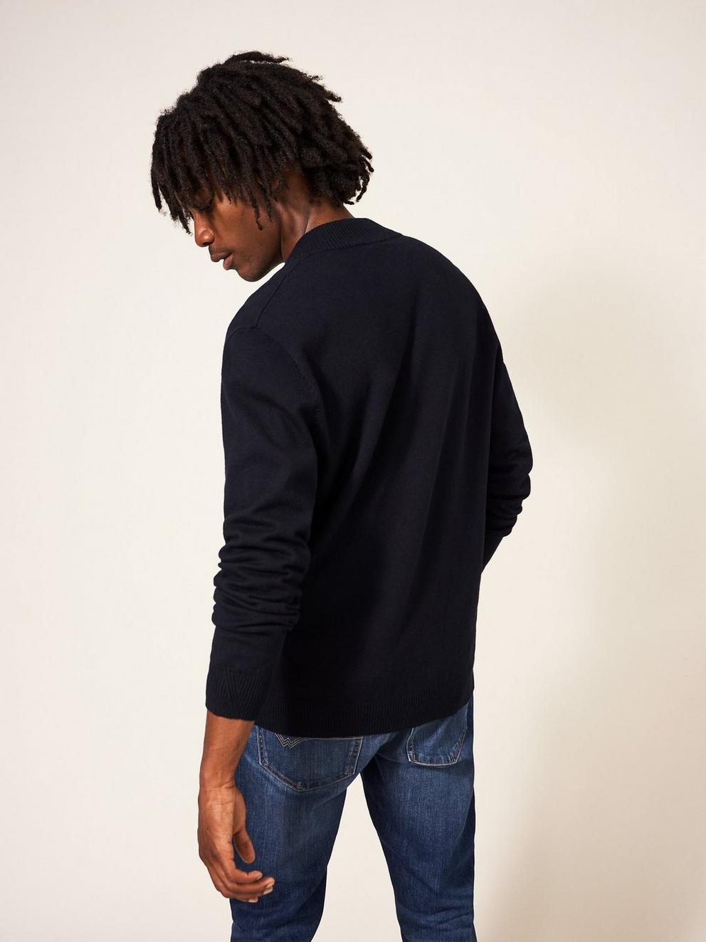 Newport Zip Through Neck Knit in PURE BLK - MODEL BACK