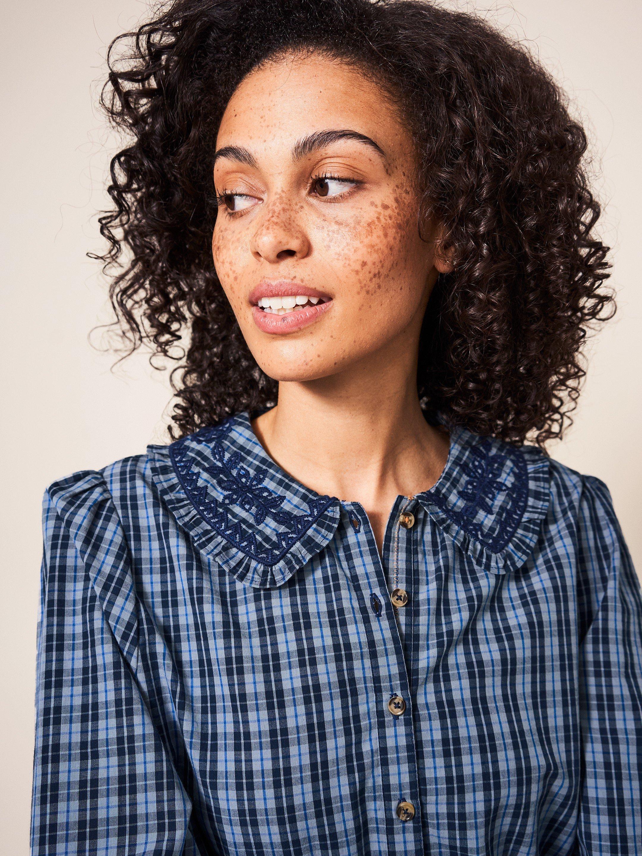 Darcy Embroidered Check Shirt in NAVY MULTI - MODEL DETAIL