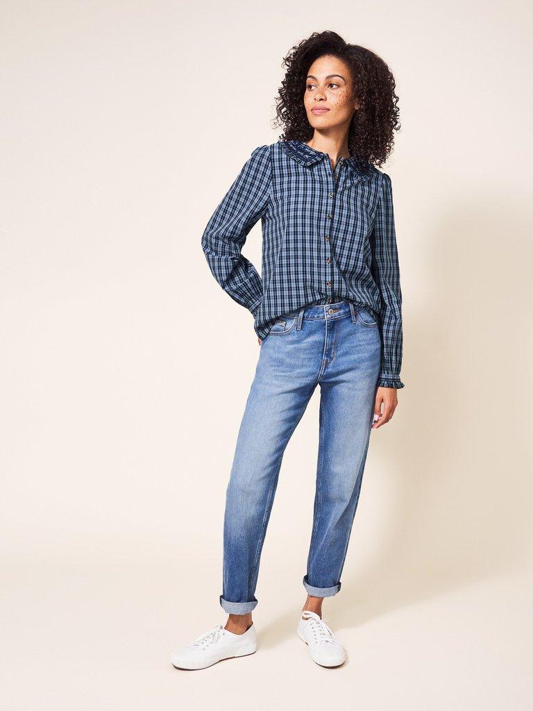Darcy Embroidered Check Shirt in NAVY MULTI - MODEL FRONT
