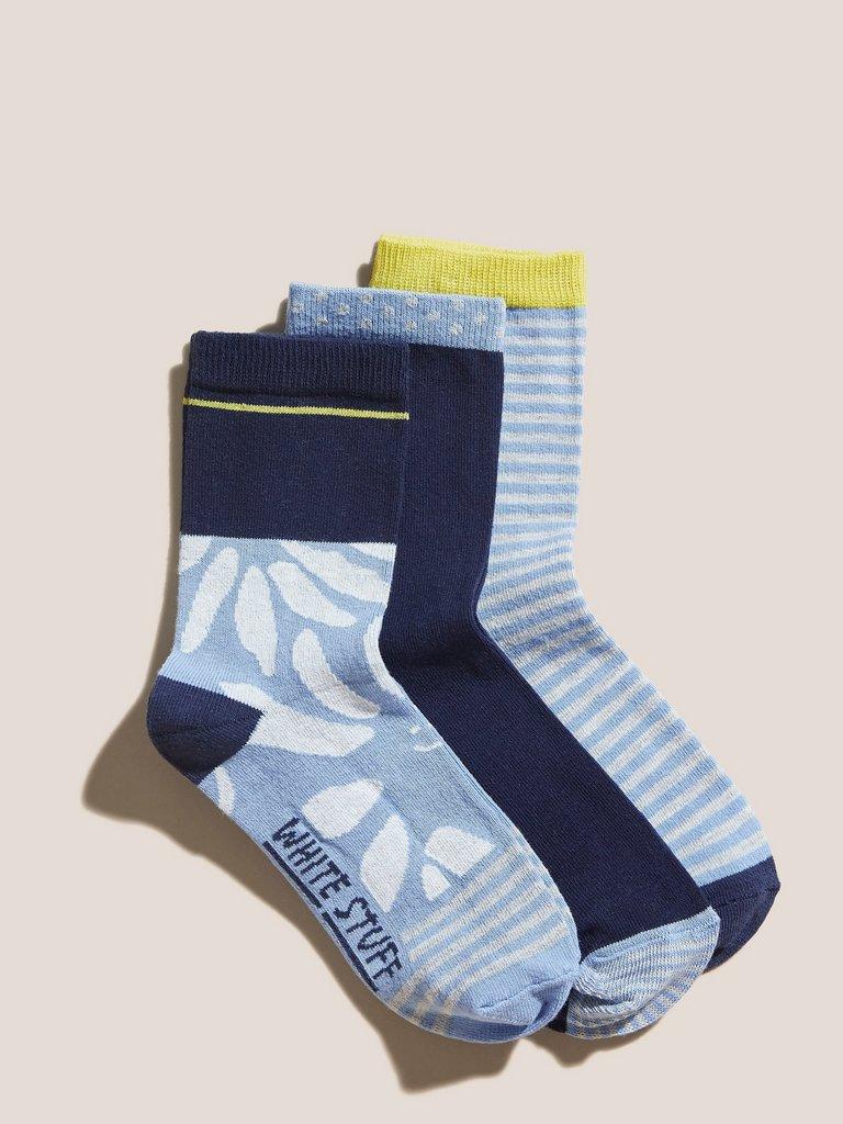 Smiley Daisy 3 Pack Socks in BLUE MLT - FLAT FRONT