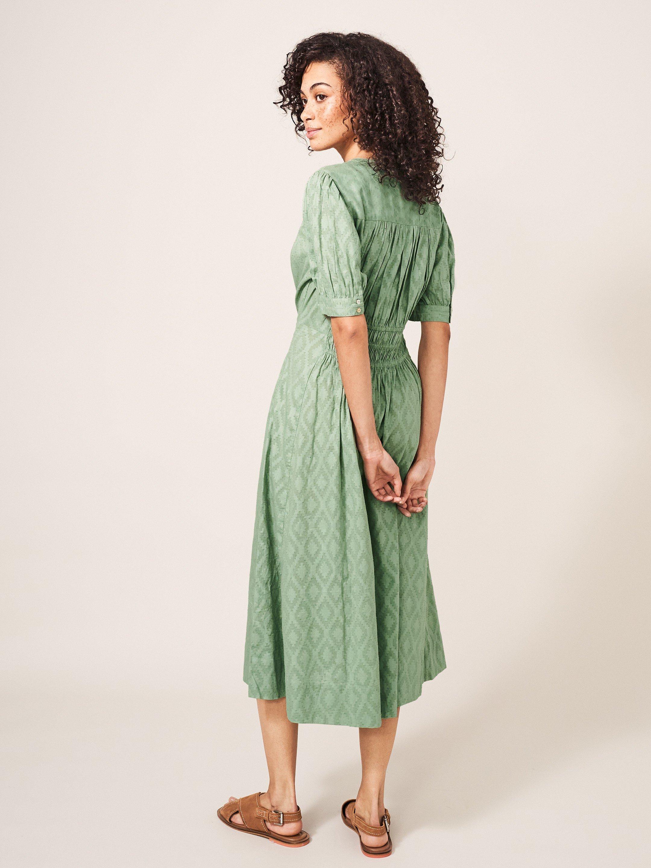 Celeste Midi Dress in DUS GREEN - MODEL BACK